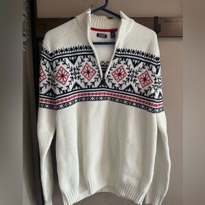 Izod Men’s Cream Fair Isle Half-Zip Sweater with Navy & Red Accents